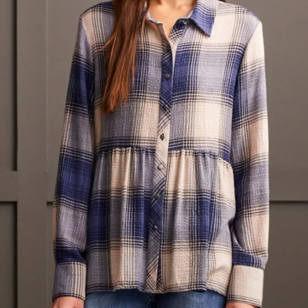 Like NEW! Tribal Plaid peplum button blouse - Size XL - Retail $130 - Picture 2 of 3